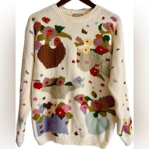 Vintage Hand Knit Cottagecore Floral Fall Sweater